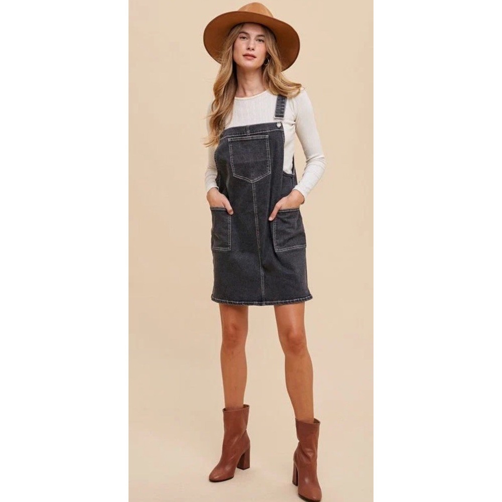 Anniewear Small Black Stone Wash Denim Overall Dress with Pockets Boho Chic NWOT